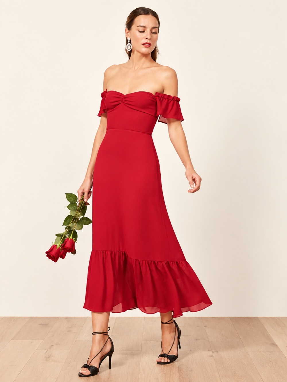 Reformation Butterfly Red Off Shoulder Maxi Dress Size 0